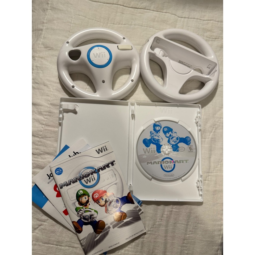 Mario Kart Wii Game Bundle with 2 Official Nintendo Wii Wheels Case & Manual